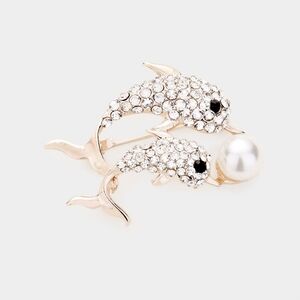 RoseGold Pearl Double Dolphin Rhinestone Crystal 1.75 Inch Brooch Pin Accessory